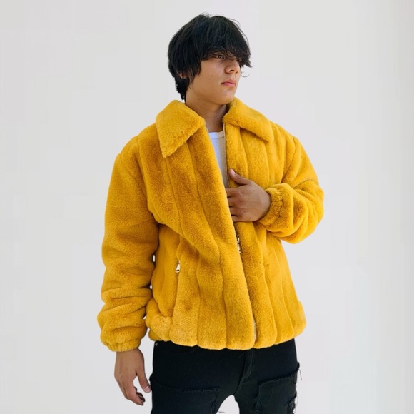 Men's Fashion Mustard Faux Fur Fuzzy Coat NWT